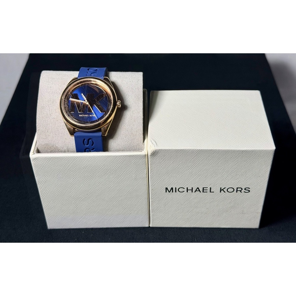 Michael Kors Janelle MK7140 Watch Blue Silicone Rose Gold 42mm Untested Box